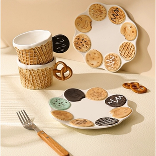 高颜值下午茶华夫饼干盘陶瓷减脂餐盘手绘釉下彩餐具甜食咖啡杯