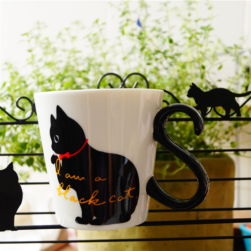 树下盒  日系红色蝴蝶结小黑猫马克杯陶瓷绅士猫咪水杯