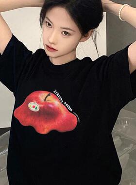 黑色短袖t恤女纯棉2025新款爆款夏季正肩设计感美式半袖宽松上衣