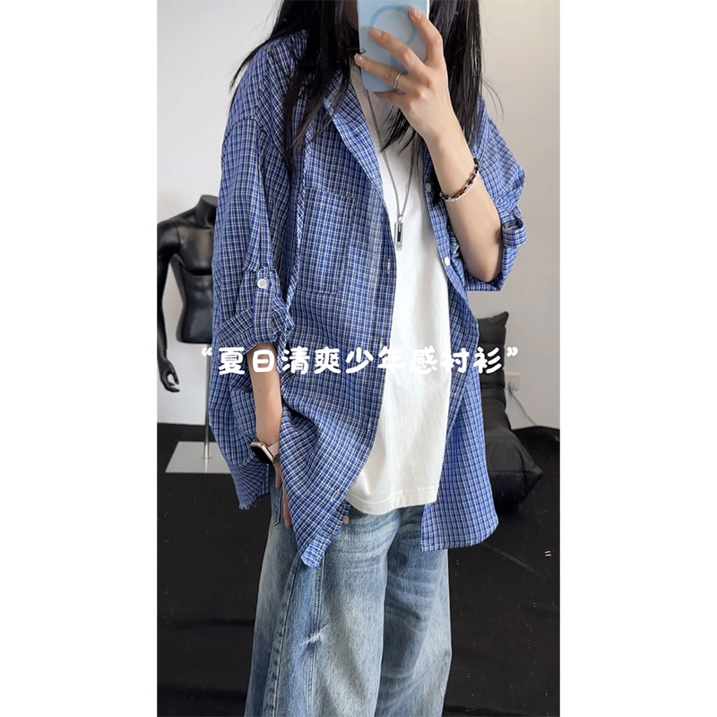 哈克汉贝日系蓝白小格子连帽七分袖短袖衬衫男女款夏季薄款衬衣