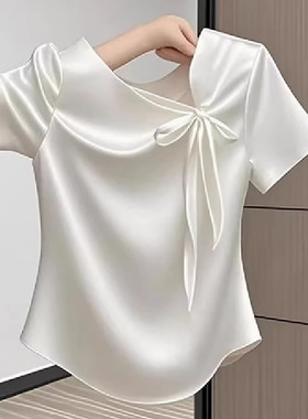 短袖衬衫小衫法式温柔风白色蝴蝶结短袖Tt恤女设计感显瘦百搭上衣