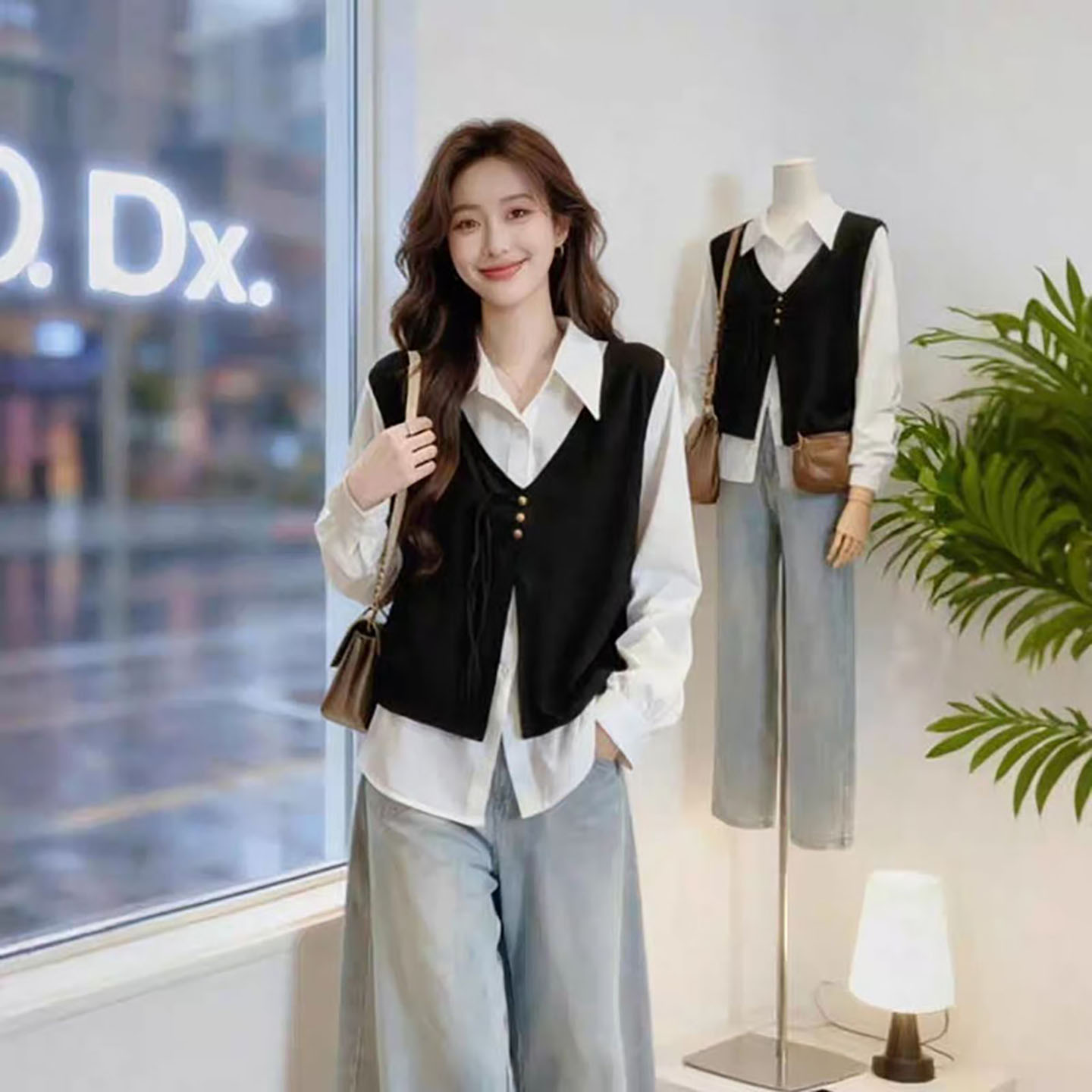 假两件黑马甲白衬衫女高级感轻奢减龄洋气衬衣小香风遮肚显瘦上衣