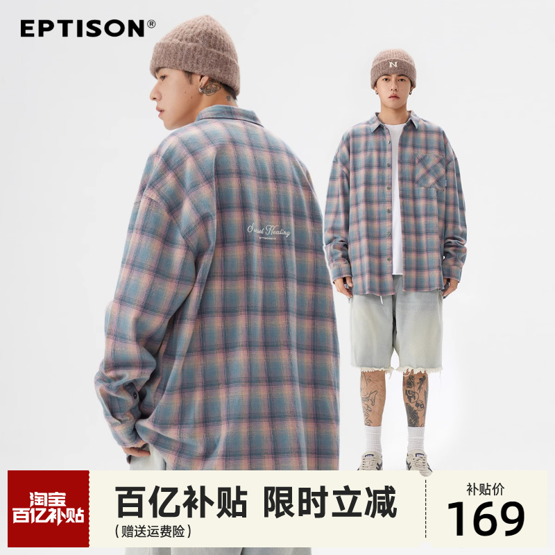 EPTISON彩色格子刺绣衬衫春秋新品情侣潮流衬衣高级休闲长袖外套