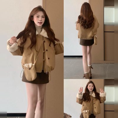 皮毛一体翻领羊羔毛外套女秋冬2025新款韩系巨好看小个子短款上衣