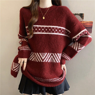 实拍大码 软糯毛衣配冷帽 秋冬费尔岛新年氛围感提花毛针织衫