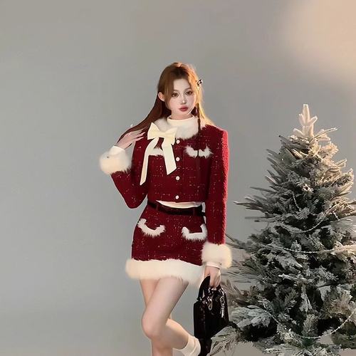 2025圣诞爆款告白夜格纹小香风套装秋冬夹棉短外套半身裙子两件套