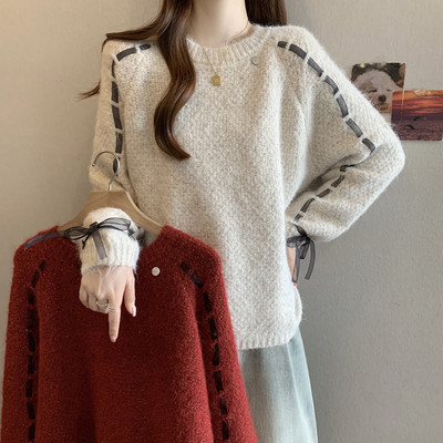 实拍秋冬新款大码女装长袖蝴蝶结系带圆领套头毛衣胖MM宽松上衣