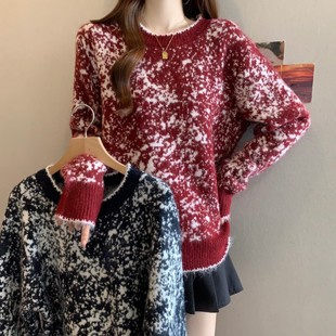 圆领过年红水墨长袖 胖MM秋冬新款 正肩套头上衣毛衣 大码 实拍