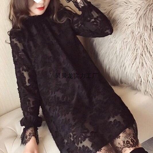 蕾丝打底衫女中长款秋冬2025韩版洋气小衫网纱内搭休闲上衣女
