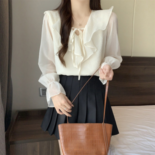 衬衣上衣女温柔甜美法式 小众长袖 雪纺荷叶边领 秋季 实拍女装