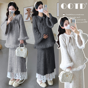 实拍 孕妇装慵懒风舒服软糯毛衣秋冬高级感毛毛针织宽松上衣套装