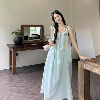 2025新款连衣裙女小香风重工无袖高个子甜美纯欲遮肚子吊带长裙子