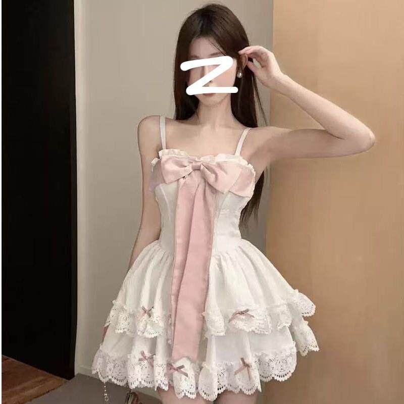 设计感蕾丝边蝴蝶结吊带连衣裙2025夏季新款修身显瘦蓬蓬公主裙子