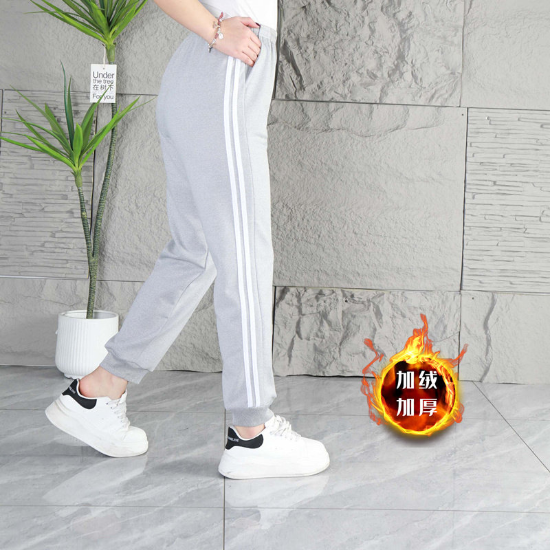 灰色裤束脚加绒保暖运动裤男女童深红条纹收口冬季初高中休闲裤子