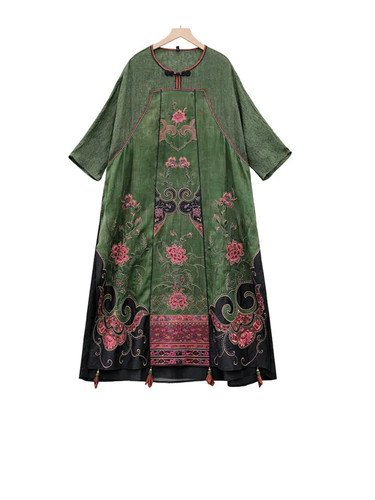 千椿物喜原创新中式民族风亚麻重工刺绣圆领宽松连衣裙大袍子袍服