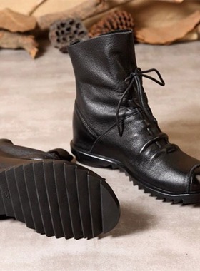民族风牛皮软底短靴防滑头层牛皮系带拉链女靴秋冬季新款女式靴子