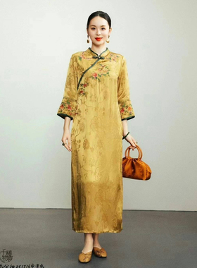 千椿物喜原创民族风新中式国风复古文艺刺绣宽松提花连衣裙女禅意