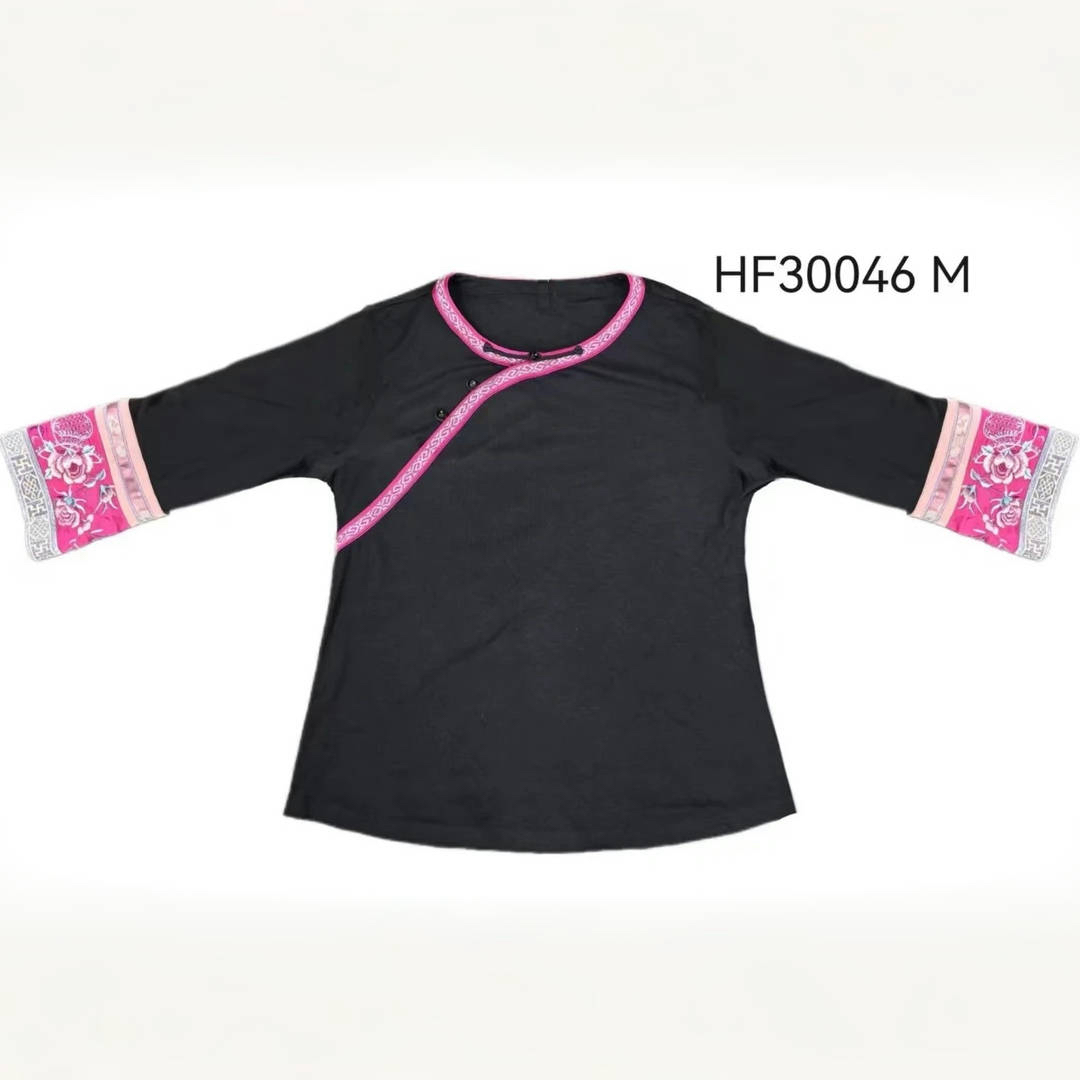 楚馨新中式国风民族风刺绣气质圆领斜襟百搭T恤衫打底衫上衣女