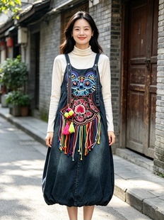 民族风重工虎头刺绣牛仔背带长裙女流苏棉麻可调节肩带灯笼连衣裙