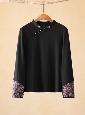 千椿物喜秋冬厚款文艺上衣女 复古斜襟刺绣打底T恤 内搭保暖棉T