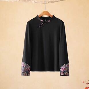 千椿物喜秋冬厚款文艺上衣女 复古斜襟刺绣打底T恤 内搭保暖棉T