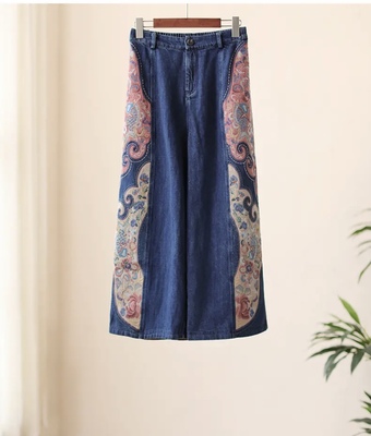 【花韵】楚馨原创设计刺绣松紧腰阔腿裤女绣花民族风直筒牛仔裤秋