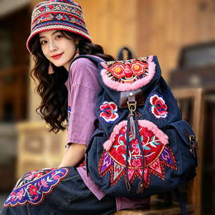 民族风刺绣双肩包复古绣花背包女潮搭文艺旅行包 小众设计感百搭