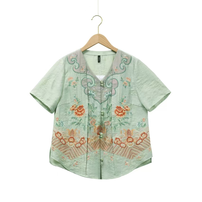 楚馨千椿物喜原创设计民族风刺绣短袖衬衫V领女复古文艺上衣衬衣