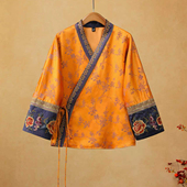 新中式 外套上衣女春秋汉唐 国风复古提花刺绣宽松V领对襟系带开衫