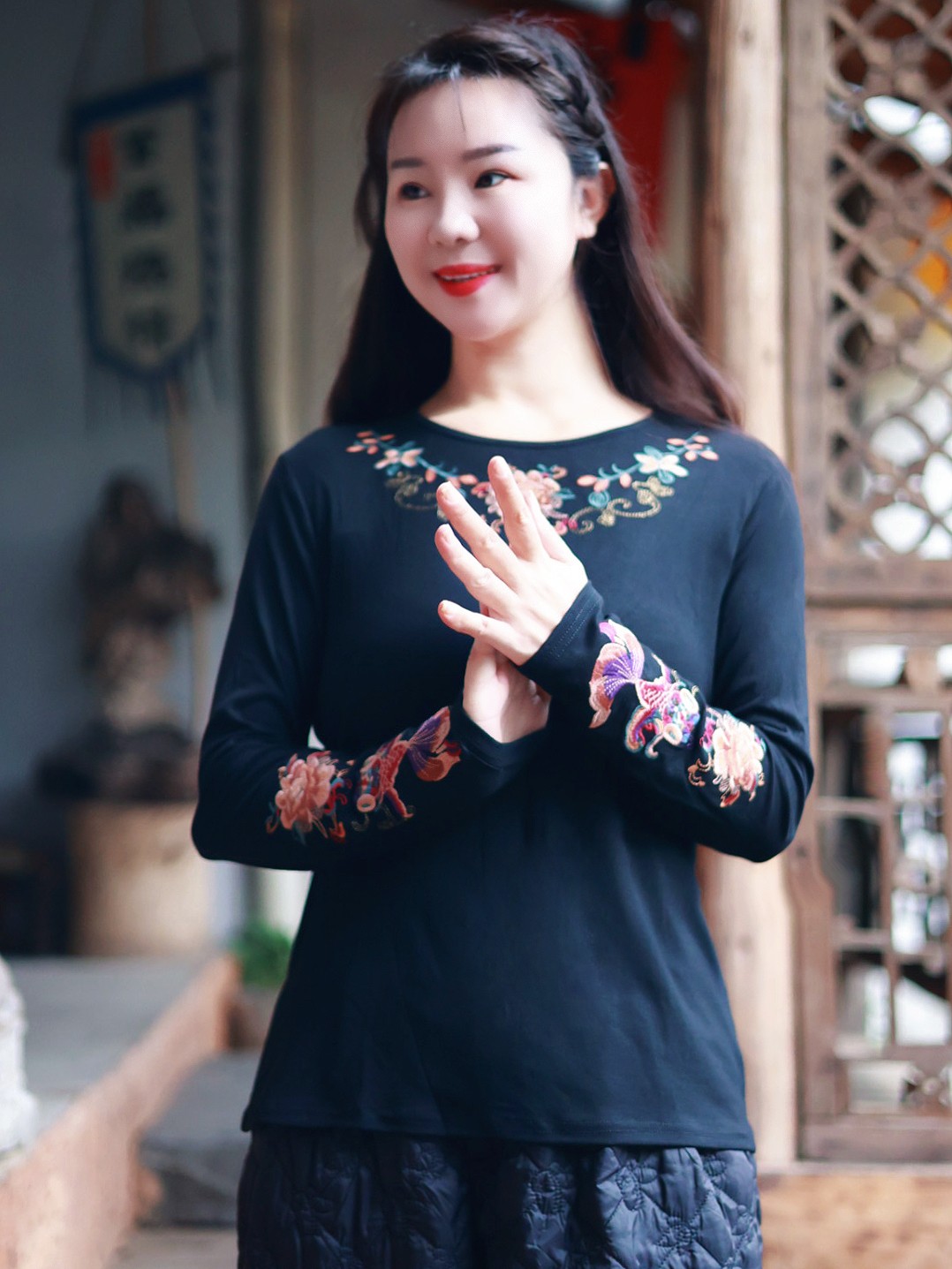 原创春秋新款新中式国风刺绣显瘦T恤打底衫民族风内搭长袖上衣