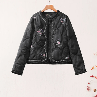 楚馨原创小香风文艺复古刺绣新中式圆领拉链90白鸭绒短款羽绒服冬