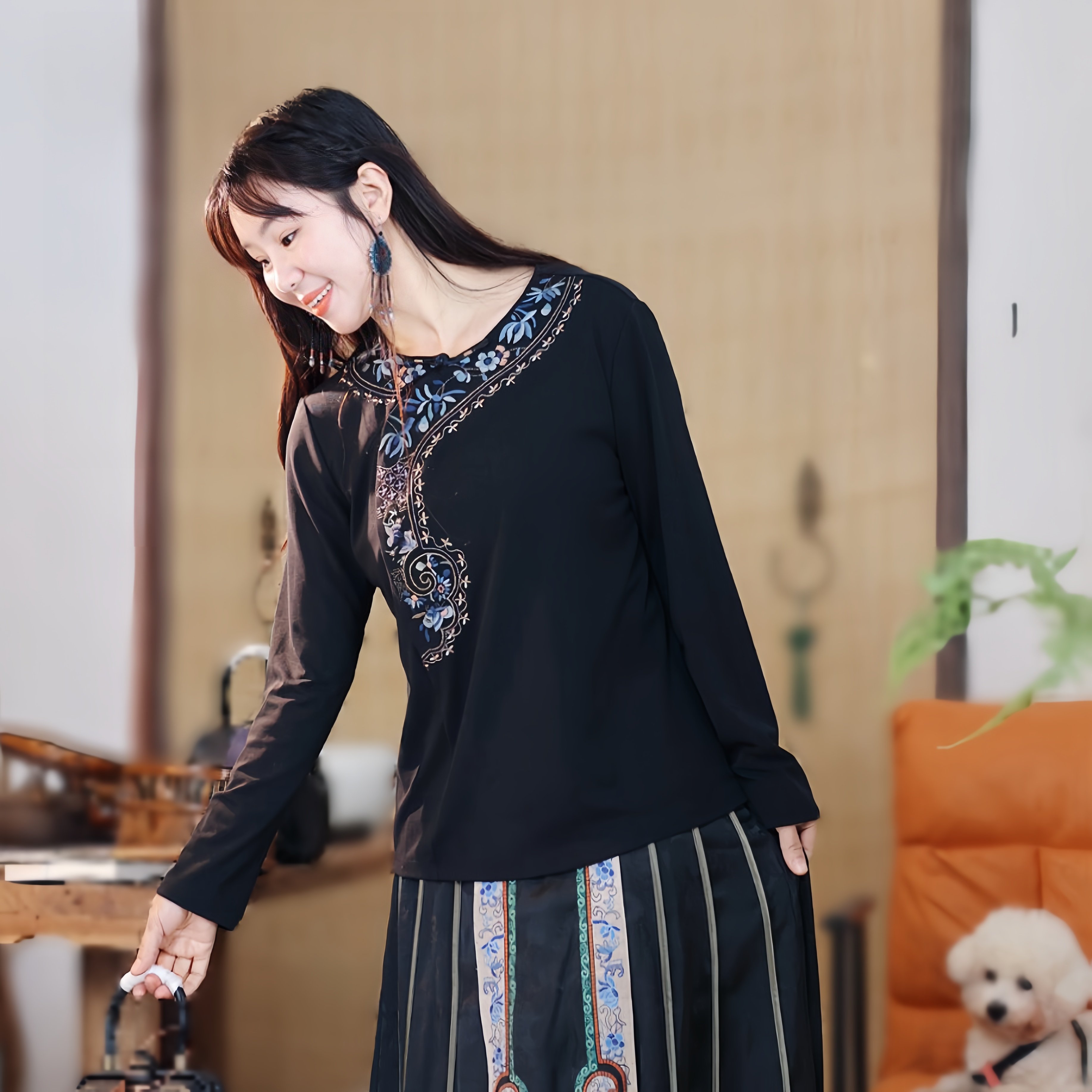 千椿物喜民族风刺绣上衣女春秋新款新中式长袖T恤原创设计打底衫,女装/女士精品,T恤,淘宝优惠券,粉丝福利购,淘宝优惠卷