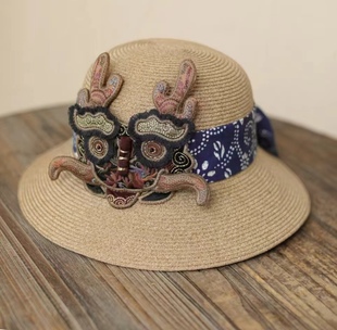 国风遮阳帽龙头青花瓷草帽子 楚馨新中式 龙头帽