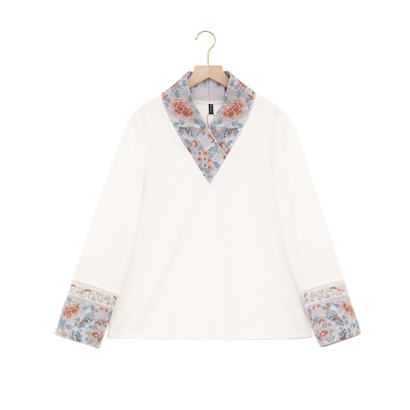 千椿物喜原创新中式国风刺绣气质立领长袖百搭打底衫T恤衫上衣女