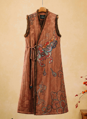 新中式刺绣夹棉马甲女长款国风背心裙秋冬内搭连衣裙长马夹水貂毛