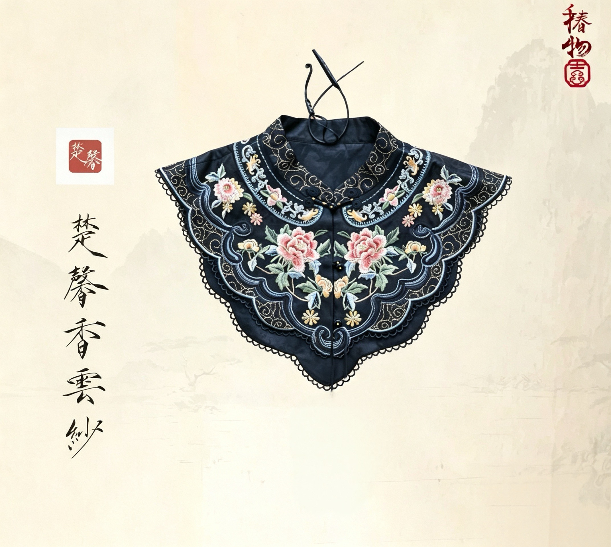 楚馨新中式重工刺绣云肩 凤凰牡丹绣花假领 国风旗袍搭配披肩四季
