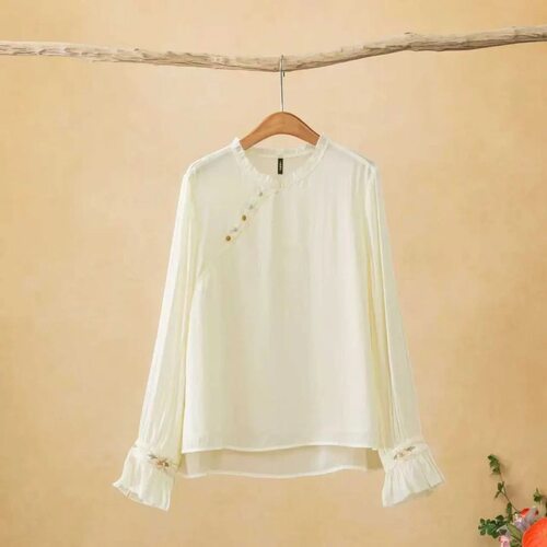 千椿物喜新中式衬衫女提花立领长袖国风刺绣喇叭袖仙气上衣高级感