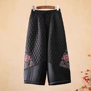 千椿物喜原创设计冬装新中式国风阔腿裤直筒刺绣松紧腰棉裤靴裤