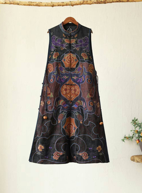 楚馨新款冬装重工满绣丝麻立领盘扣女开衫绣花背心夹棉马甲长款