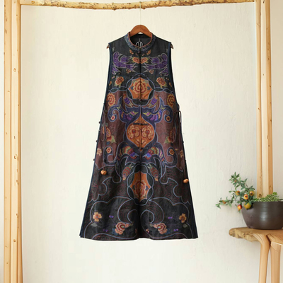 楚馨新款冬装重工满绣丝麻立领盘扣女开衫绣花背心夹棉马甲长款