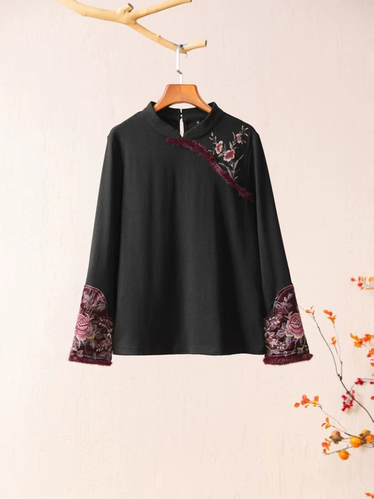 楚馨原创正品民族风女装国风秋冬复古立领新款刺绣长袖上衣打底衫
