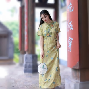 新中式重工刺绣连衣裙女夏新款人丝桑蚕丝国风A字长裙斜襟立领