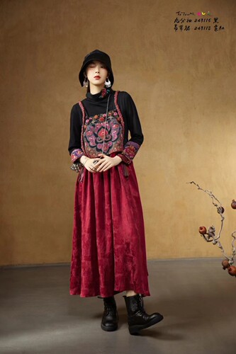 【秋意风浓】楚馨刺绣无袖连衣裙女提花显瘦A字版国风拼接中长裙