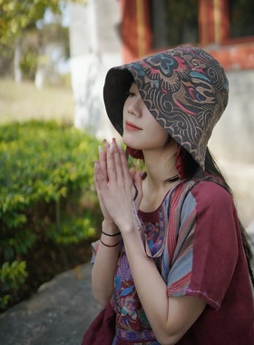 楚馨原创款文艺复古民族风棉亚麻重工刺绣防晒帽休闲百搭款遮阳帽