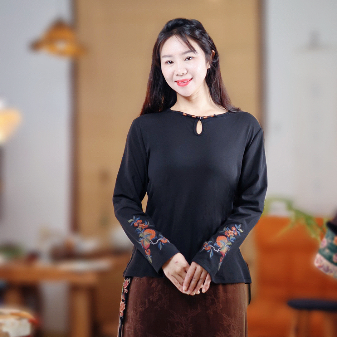 千椿物喜 民族风重工刺绣打底衫 国风保暖加厚T恤 冬内搭圆领上衣