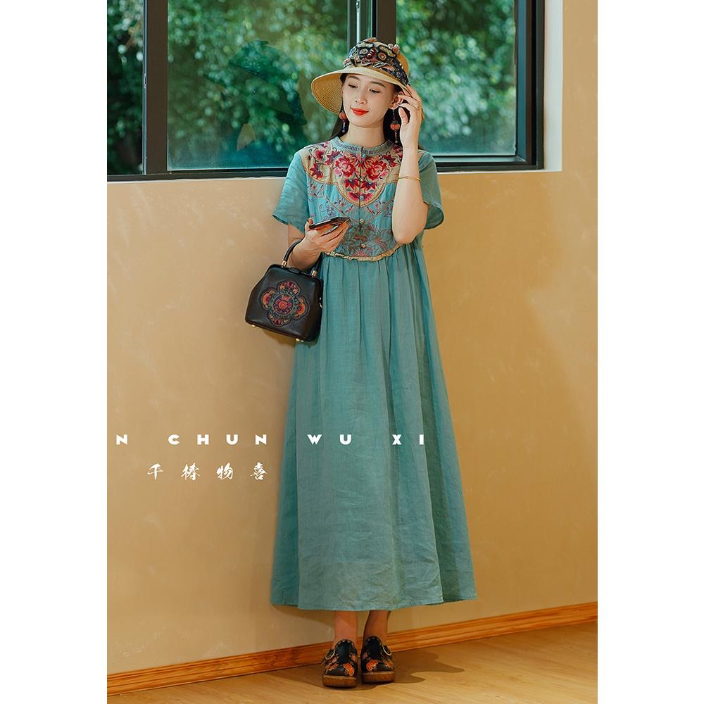 千椿物喜楚馨原创中式国风苎麻刺绣文艺复古民族风短袖连衣裙女夏