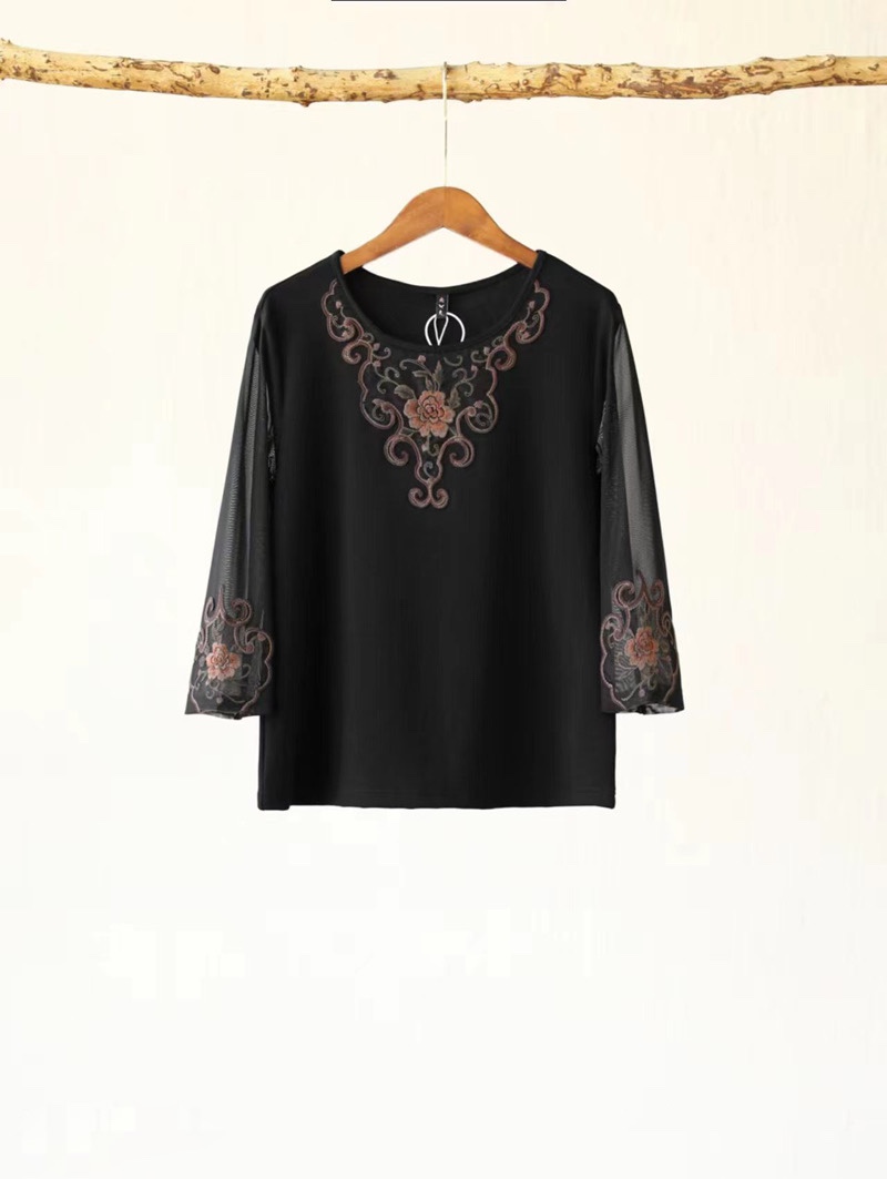 【晨光】楚馨原创民族风文艺复古刺绣圆领高弹网纱袖打底T恤衫