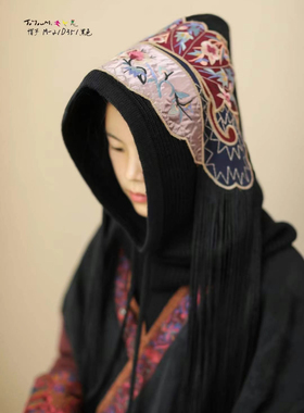 千椿物喜原创冬季巫师帽法帽复古帽子围脖一体针织刺绣帽子女帽子