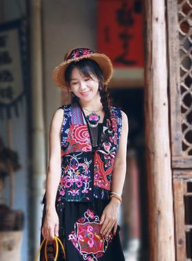 设计师原创高定民族风老绣老蜡染个性短款马夹精品女装盘扣开衫