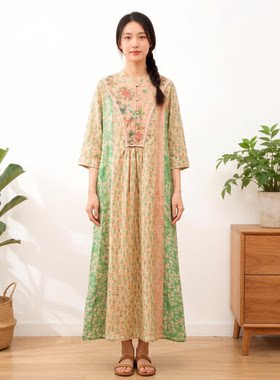 千椿物喜苎麻衬衫裙女春款长袖绿色复古国风禅意茶服显瘦连衣裙